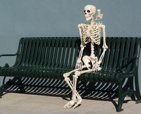 Skeleton sitting on a green bench in front of a gray wallの写真素材