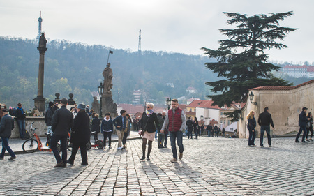 Prague, Bohemia / Czech Republic - November 2017: Tourists at the viewpoint near Pragueのeditorial素材