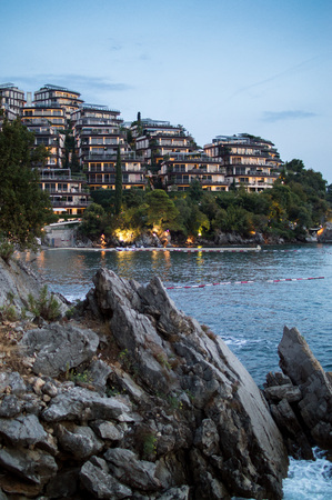 Budva / Montenegro - September 2017: early evening shot of an apartment hotel in Budva Riviera, Montenegroのeditorial素材