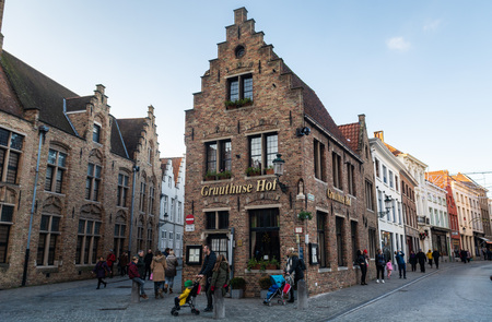 Brugge, West Flanders  Belgium - December 2018: medieval town street with traditional flemish architecture on a sunny winter dayのeditorial素材