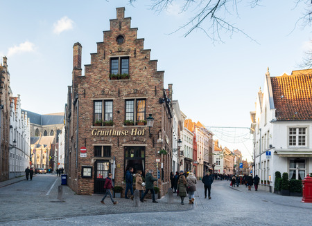 Brugge, West Flanders  Belgium - December 2018: medieval town street with traditional flemish architecture on a sunny winter dayのeditorial素材