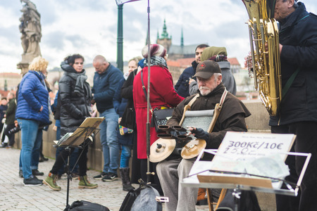 Prague, Bohemia, Czech Republic - December 2018: A musical jazz band playing on the famous Charles...