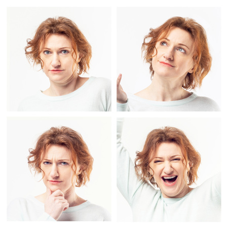 Young casual redhead woman expressing different emotions in collage on white backgroundの写真素材