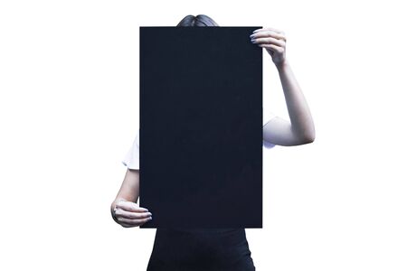 woman holding a clipboard with both hands isolated background.