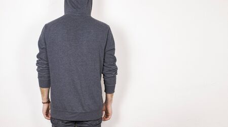 Blank sweatshirt mockup, male model, isolated background, cotton fabric hoodie design presentation.