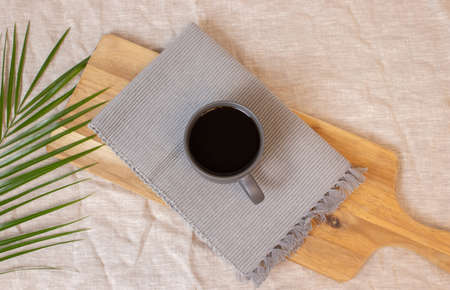 filter coffee cup and empty space on wooden table, top view styleの写真素材