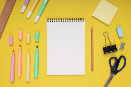 notepad, scissors, pencil, sharpener, ruler, eraser, colored pencils, clips and note paper. back to...