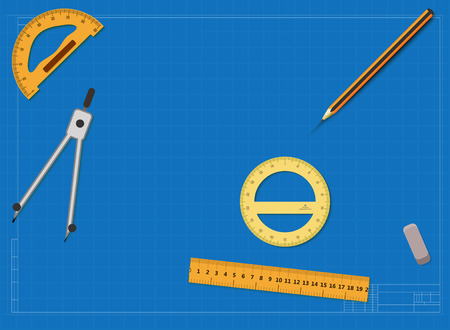 engineering drawing on a blue background and tools that measureのイラスト素材