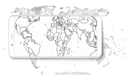 Realistic mobile phone with world map isolated on white background.のイラスト素材