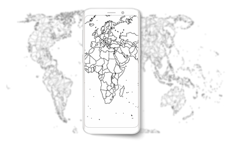 Realistic mobile phone with world map isolated on white background.のイラスト素材