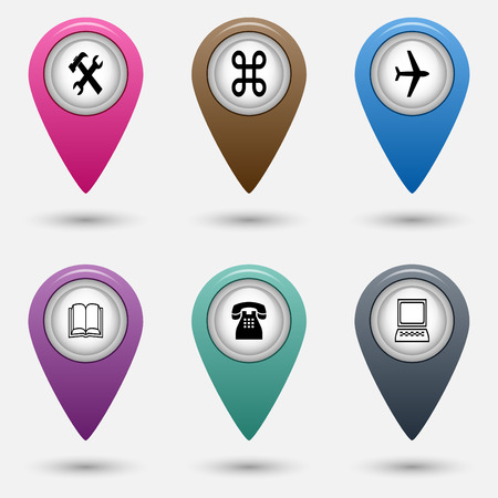 Icon pointers with pictogram for map different color on a gray backgroundのイラスト素材