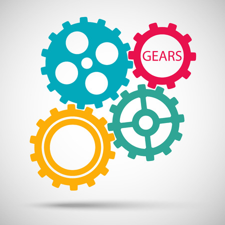 Color toothed gears (cogs) is meshed on gray backgroundのイラスト素材