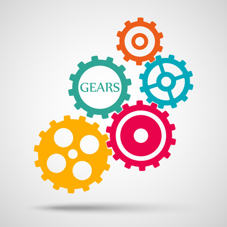Colored toothed gears (cogs) is meshed on gray backgroundのイラスト素材