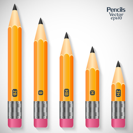 Set various wooden detailed sharpened pencils with eraser yellow isolated on gray backgroundのイラスト素材