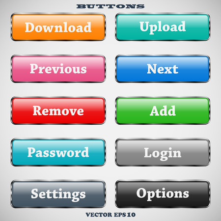 Set of glass rectangle colored web buttons with glossy reflections for website or app on a gray backgroundのイラスト素材