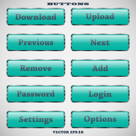 Set of glass rectangle turquoise web buttons with glossy reflections for website or app on a gray backgroundのイラスト素材