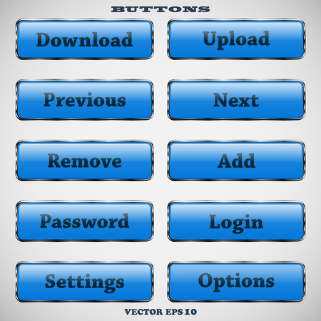 Set of glass rectangle dark-blue web buttons with glossy reflections for website or app on a gray backgroundのイラスト素材