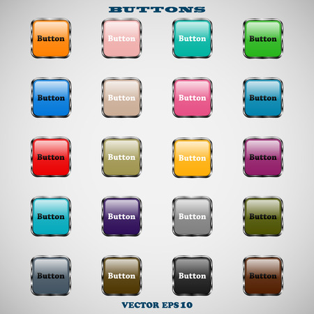 Set of glass square colored web buttons with glossy reflections for website or app on a gray backgroundのイラスト素材