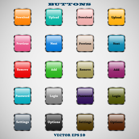 Set of glass square colorful web buttons with glossy reflections for website or app on a gray backgroundのイラスト素材