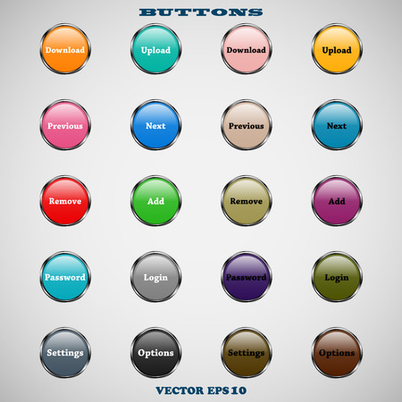 Set of glass round colorful web buttons with glossy reflections for website or app on a gray backgroundのイラスト素材