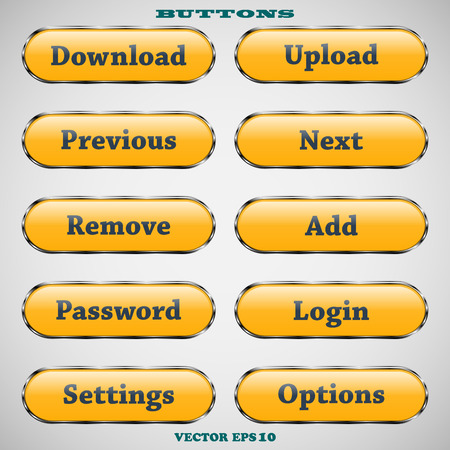 Set of glass yellow web buttons with glossy reflections for website or app on a gray backgroundのイラスト素材
