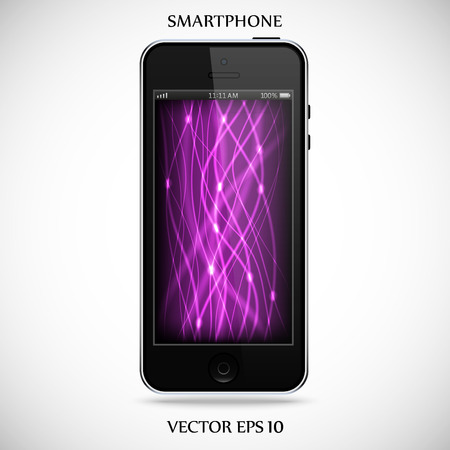 Realistic black smartphone in iphone style with a purple touch screen on a gray backgroundのイラスト素材