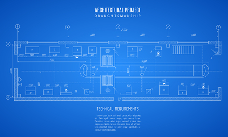 architectural blueprint, technical drawing, construction plan or project on the blue background.のイラスト素材