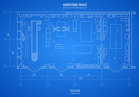 architectural blueprint, technical drawing, construction plan or project on the blue background.のイラスト素材