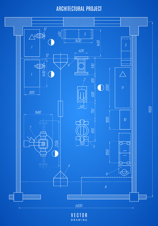 architectural blueprint, technical drawing, construction plan or project on the blue background.のイラスト素材