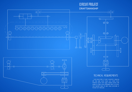 blueprint scheme, technical drawing, plan or project on the blue background.のイラスト素材