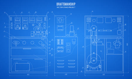 blueprint stand, technical drawing, construction plan or project on the blue background.のイラスト素材