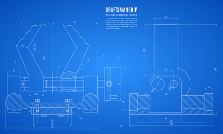 blueprint of the clamping device, technical drawing, construction plan or project on the blue background.のイラスト素材