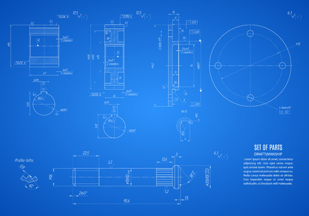 blueprint of gears and shaft, project technical drawing on the blue background.のイラスト素材