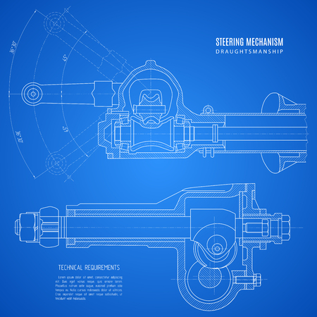 blueprint of steering mechanism, project technical drawing on the blue background.のイラスト素材
