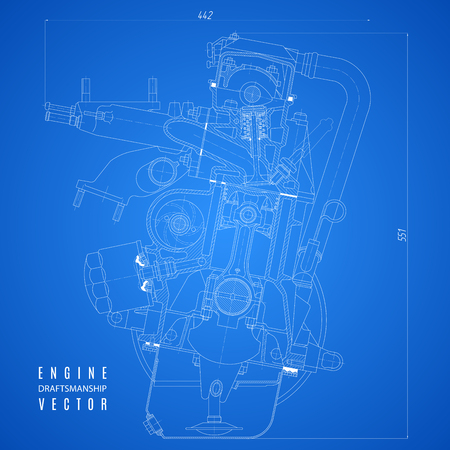 blueprint engine, project technical drawing on the blue background.のイラスト素材