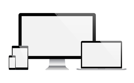 mockup gadget and device: smartphones, tablets, laptops and computer monitors black color with blank screen isolated on white background. stock vector illustration eps10のイラスト素材
