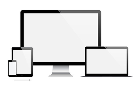 Mockup gadget and device: smartphones, tablets, laptops and computer monitors black color with blank screen isolated on white background. stock vector illustration eps10のイラスト素材