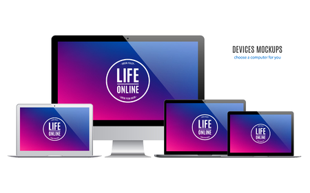 mockup devices: laptops and computer monitor with multicolor screen isolated on white background. stock vector illustration eps10のイラスト素材