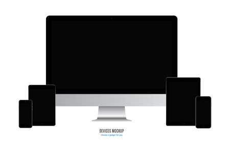 devices mockup: smartphone, tablet and computer monitor with blank black screen isolated on white background. stock vector illustration eps10のイラスト素材
