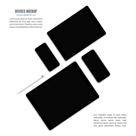 devices mockup: smartphones, tablets and stylus with blank black screen isolated on white background. stock vector illustration eps10のイラスト素材