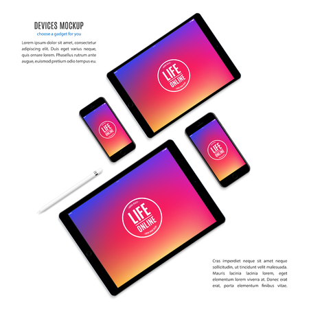 Mockup devices: smartphones and tablets with colorful screen isolated on white background. stock vector illustration eps10のイラスト素材
