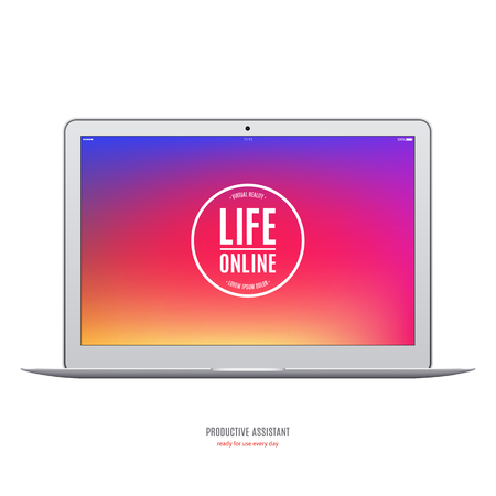 Laptop grey color with colorful screen isolated on white background. stock vector illustrationのイラスト素材