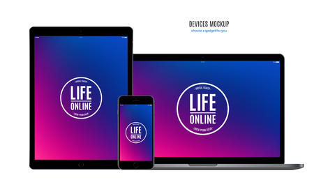 Mockup devices: smartphone, tablet and laptop with multicolor screen isolated on white . stock illustrationのイラスト素材