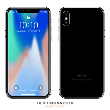 smartphone in black color with colorful screen front and back side on white background. stock vector illustrationのイラスト素材