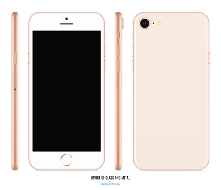 smartphone mockup in gold color with blank screen front, back and side on white background.のイラスト素材