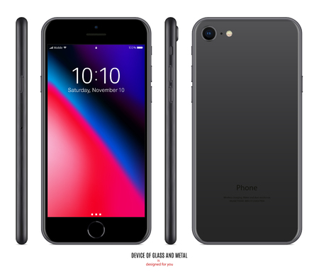 smartphone mockup in black color with colorful screen front, back and side on white background. stock vector illustration eps10のイラスト素材