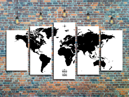 world map with Edison lamps on a brick wall background in loft style design.のイラスト素材