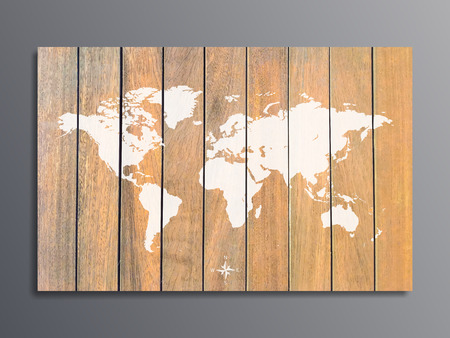 world map on a background texture of wooden boards on grey wall.のイラスト素材