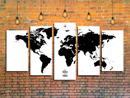 world map with Edison lamps on a brick wall background in loft style design. stock vector illustrationのイラスト素材