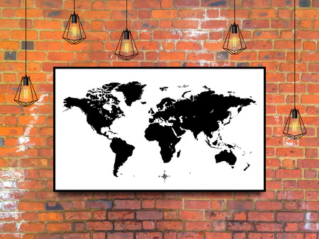 world map in a frame with Edison lamps on a brick wall background in loft style design. stock vector illustrationのイラスト素材